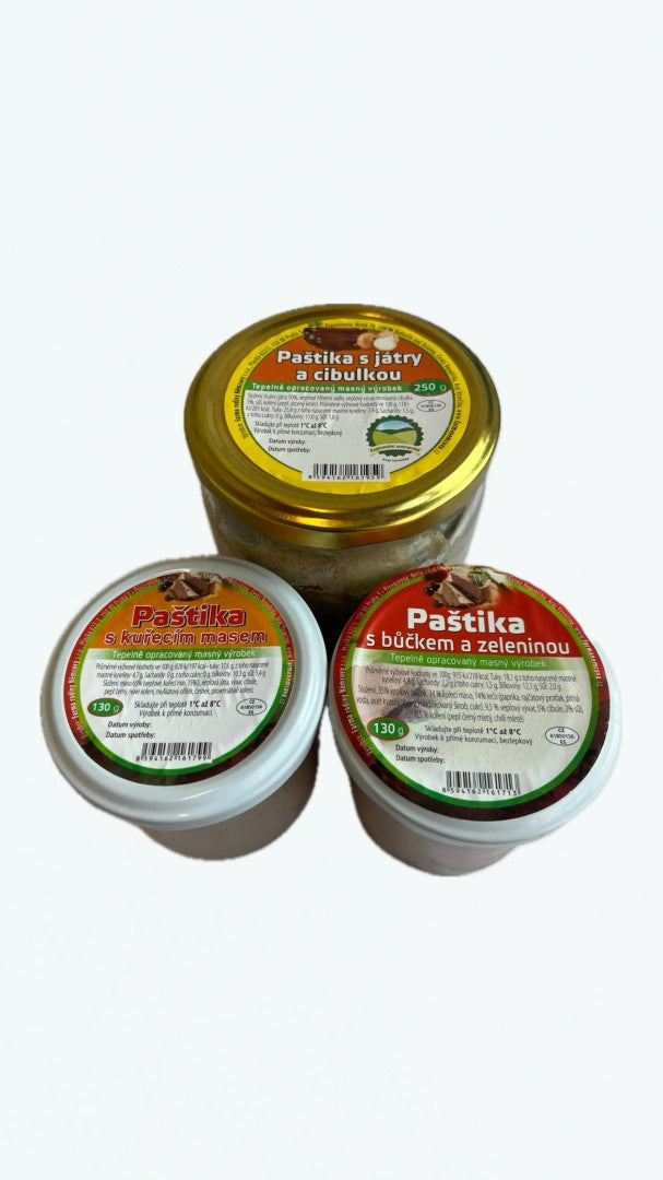 Sada A paštik-3 druhy,250g játrová s cibulkou,130g s kuřecím masem,130g s bůčkem a zelenino