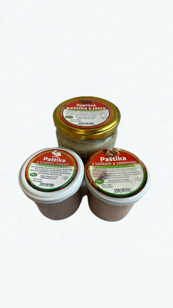 Sada B paštik-3 druhy(130g paš. s králičím masem+130g paš. s bůčkem a zeleninou+250 vepř
